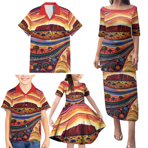 Uluru Ayers Rock Sunset Family Matching Puletasi and Hawaiian Shirt Aboriginal Dot Painting