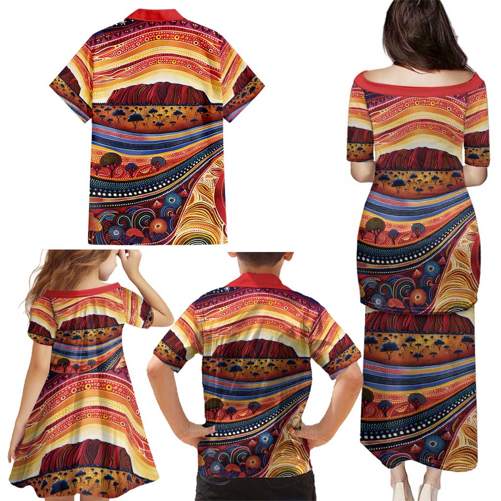 Uluru Ayers Rock Sunset Family Matching Puletasi and Hawaiian Shirt Aboriginal Dot Painting