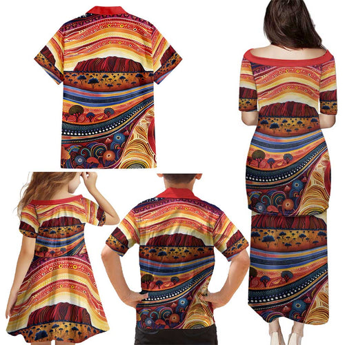 Uluru Ayers Rock Sunset Family Matching Puletasi and Hawaiian Shirt Aboriginal Dot Painting