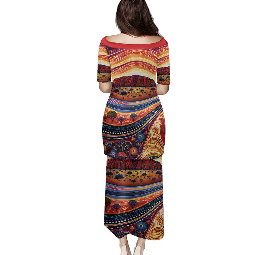Uluru Ayers Rock Sunset Family Matching Puletasi and Hawaiian Shirt Aboriginal Dot Painting