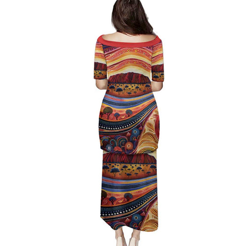 Uluru Ayers Rock Sunset Family Matching Puletasi and Hawaiian Shirt Aboriginal Dot Painting
