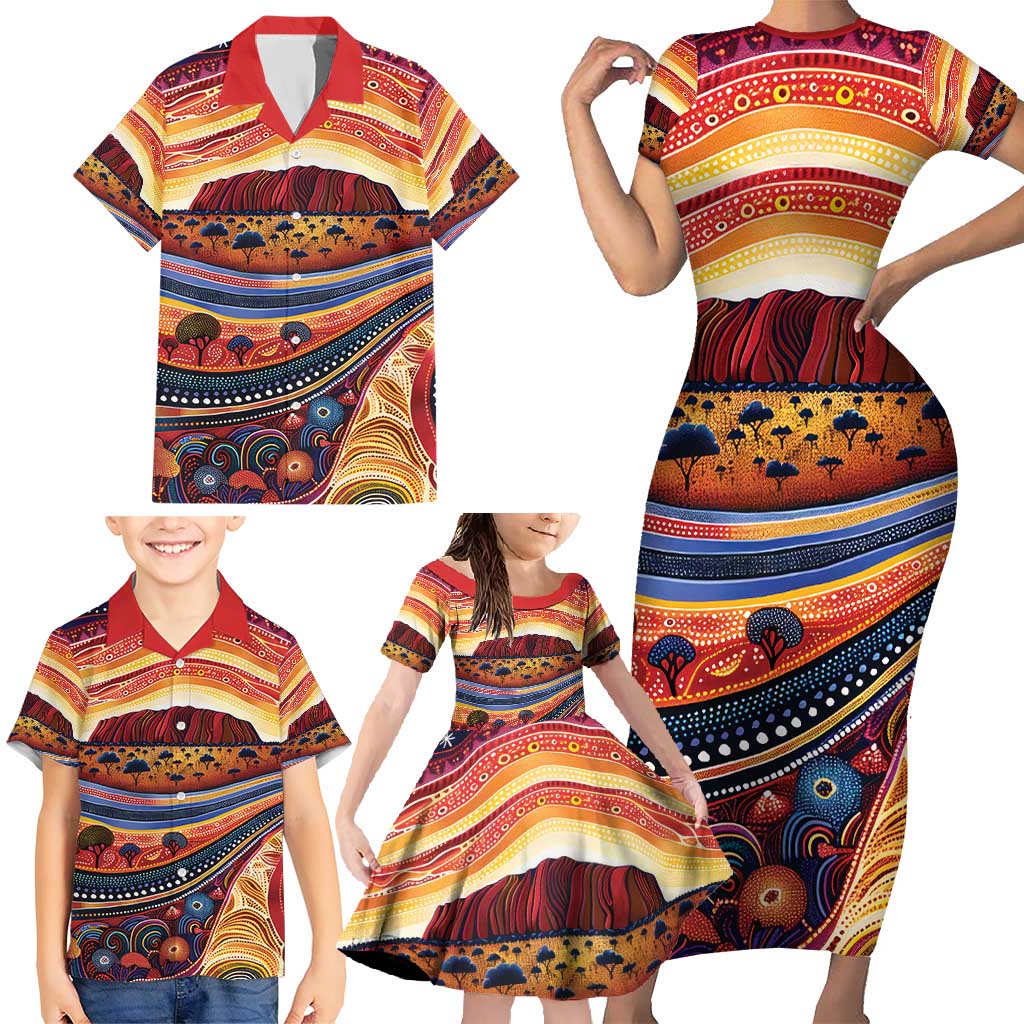 Uluru Ayers Rock Sunset Family Matching Short Sleeve Bodycon Dress and Hawaiian Shirt Aboriginal Dot Painting