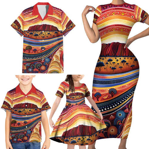 Uluru Ayers Rock Sunset Family Matching Short Sleeve Bodycon Dress and Hawaiian Shirt Aboriginal Dot Painting