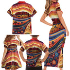 Uluru Ayers Rock Sunset Family Matching Short Sleeve Bodycon Dress and Hawaiian Shirt Aboriginal Dot Painting