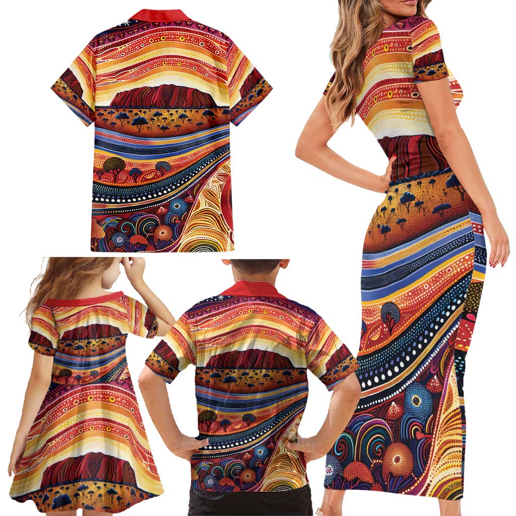 Uluru Ayers Rock Sunset Family Matching Short Sleeve Bodycon Dress and Hawaiian Shirt Aboriginal Dot Painting