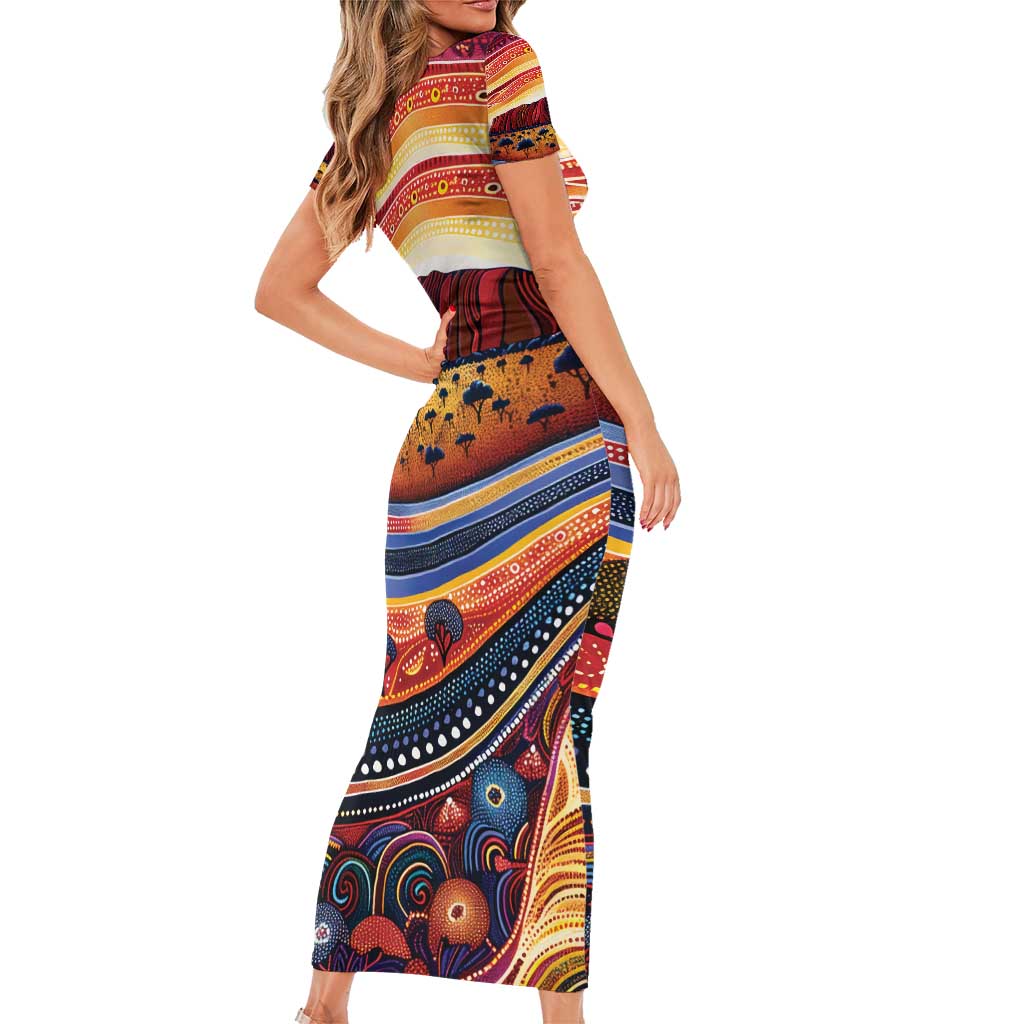 Uluru Ayers Rock Sunset Family Matching Short Sleeve Bodycon Dress and Hawaiian Shirt Aboriginal Dot Painting