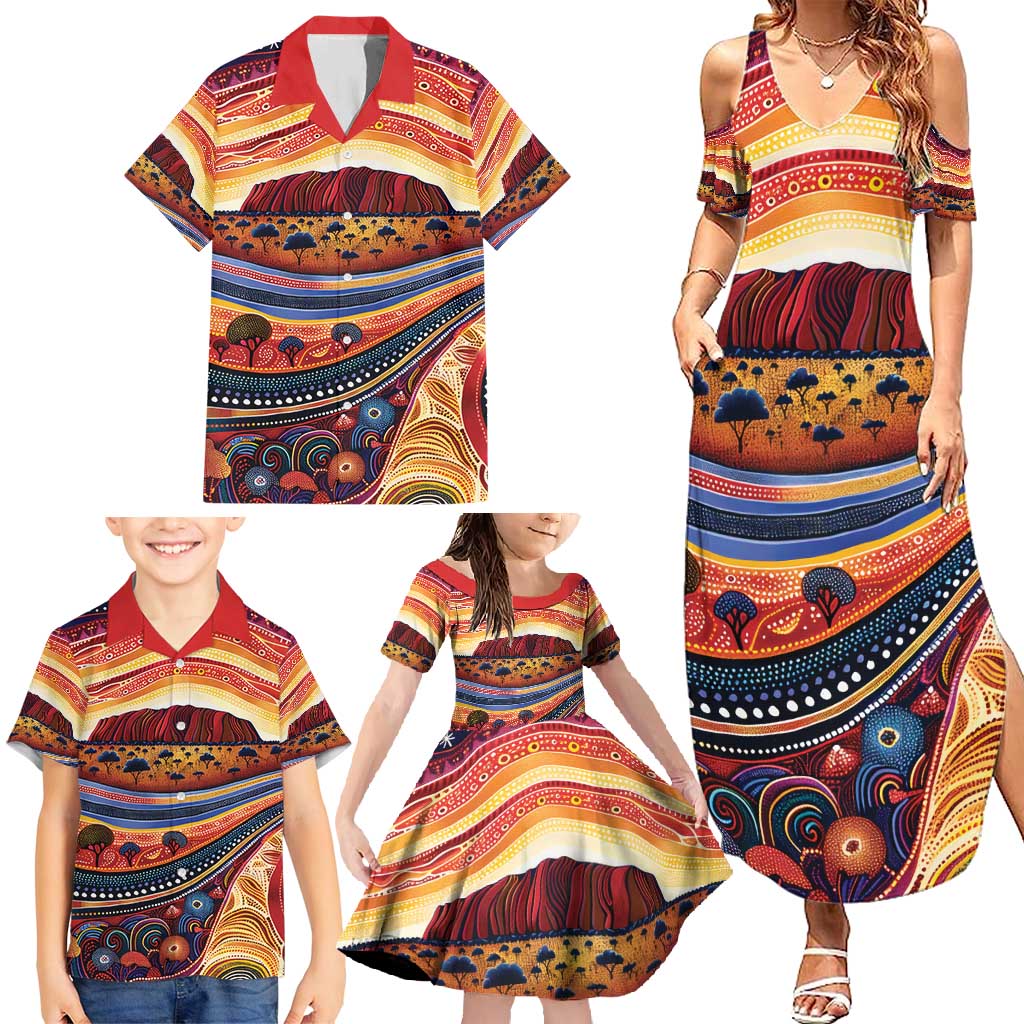 Uluru Ayers Rock Sunset Family Matching Summer Maxi Dress and Hawaiian Shirt Aboriginal Dot Painting