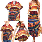 Uluru Ayers Rock Sunset Family Matching Summer Maxi Dress and Hawaiian Shirt Aboriginal Dot Painting