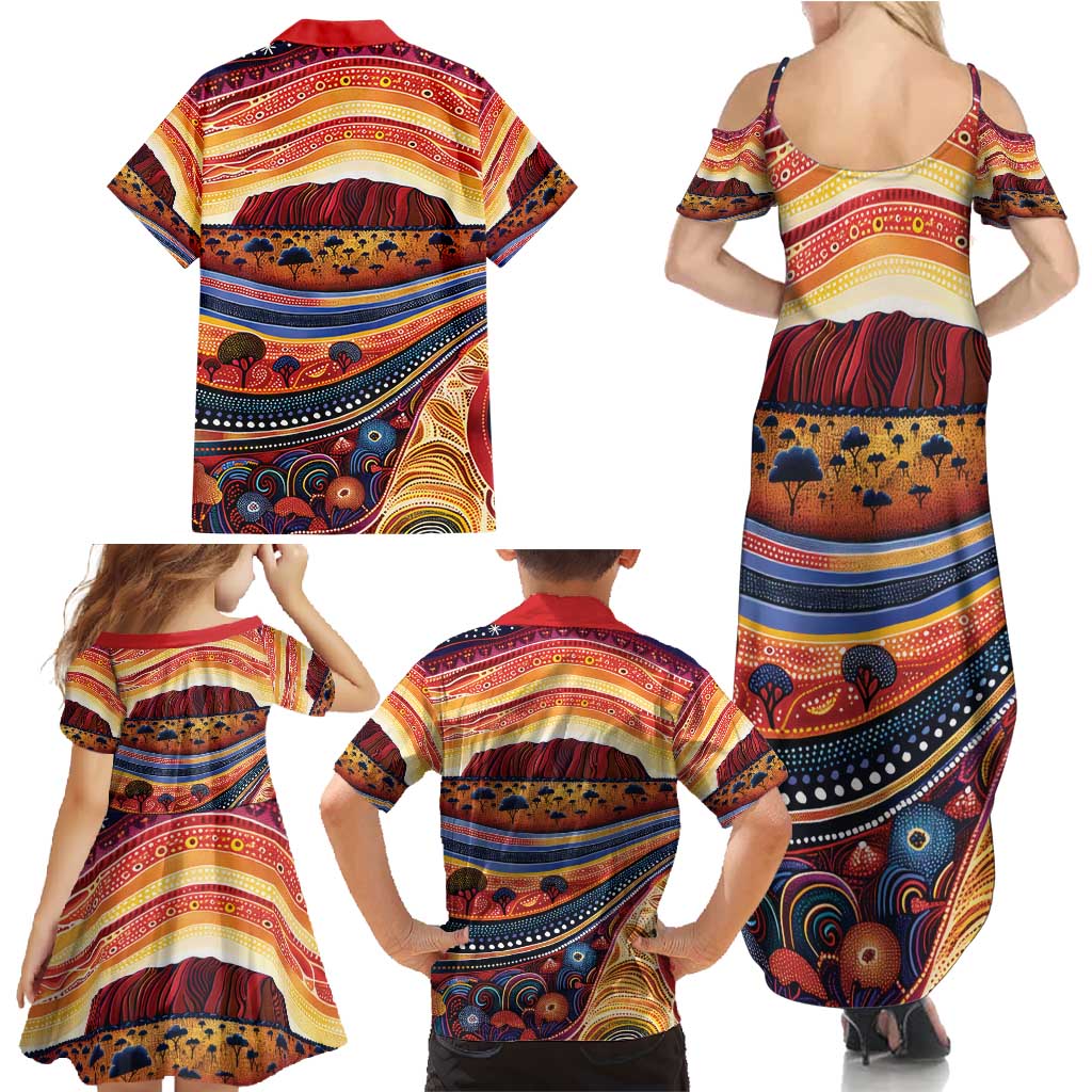 Uluru Ayers Rock Sunset Family Matching Summer Maxi Dress and Hawaiian Shirt Aboriginal Dot Painting