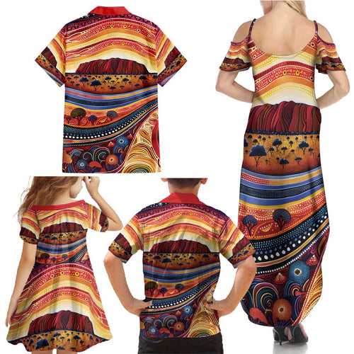 Uluru Ayers Rock Sunset Family Matching Summer Maxi Dress and Hawaiian Shirt Aboriginal Dot Painting