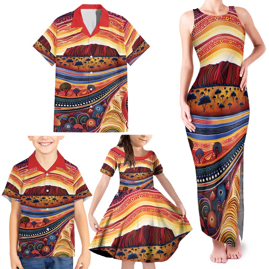 Uluru Ayers Rock Sunset Family Matching Tank Maxi Dress and Hawaiian Shirt Aboriginal Dot Painting