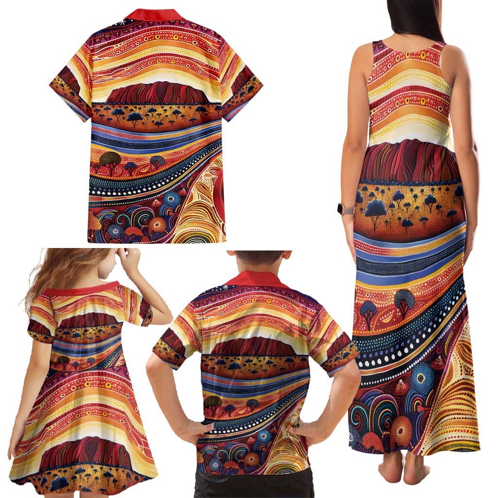 Uluru Ayers Rock Sunset Family Matching Tank Maxi Dress and Hawaiian Shirt Aboriginal Dot Painting