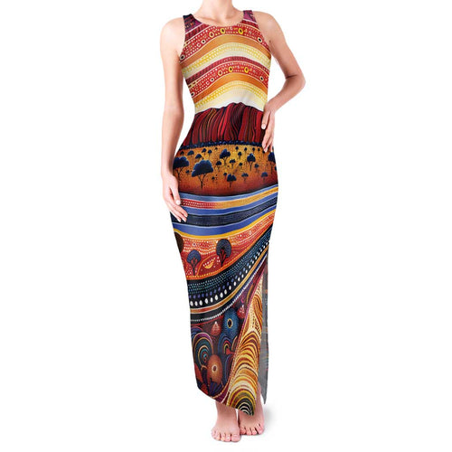 Uluru Ayers Rock Sunset Family Matching Tank Maxi Dress and Hawaiian Shirt Aboriginal Dot Painting