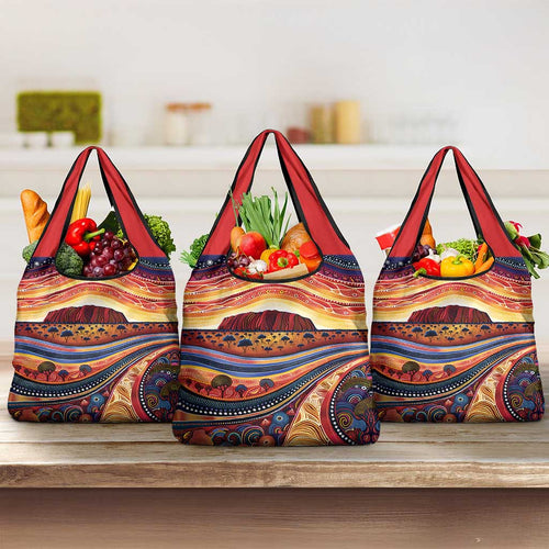 Uluru Ayers Rock Sunset Grocery Bag Aboriginal Dot Painting