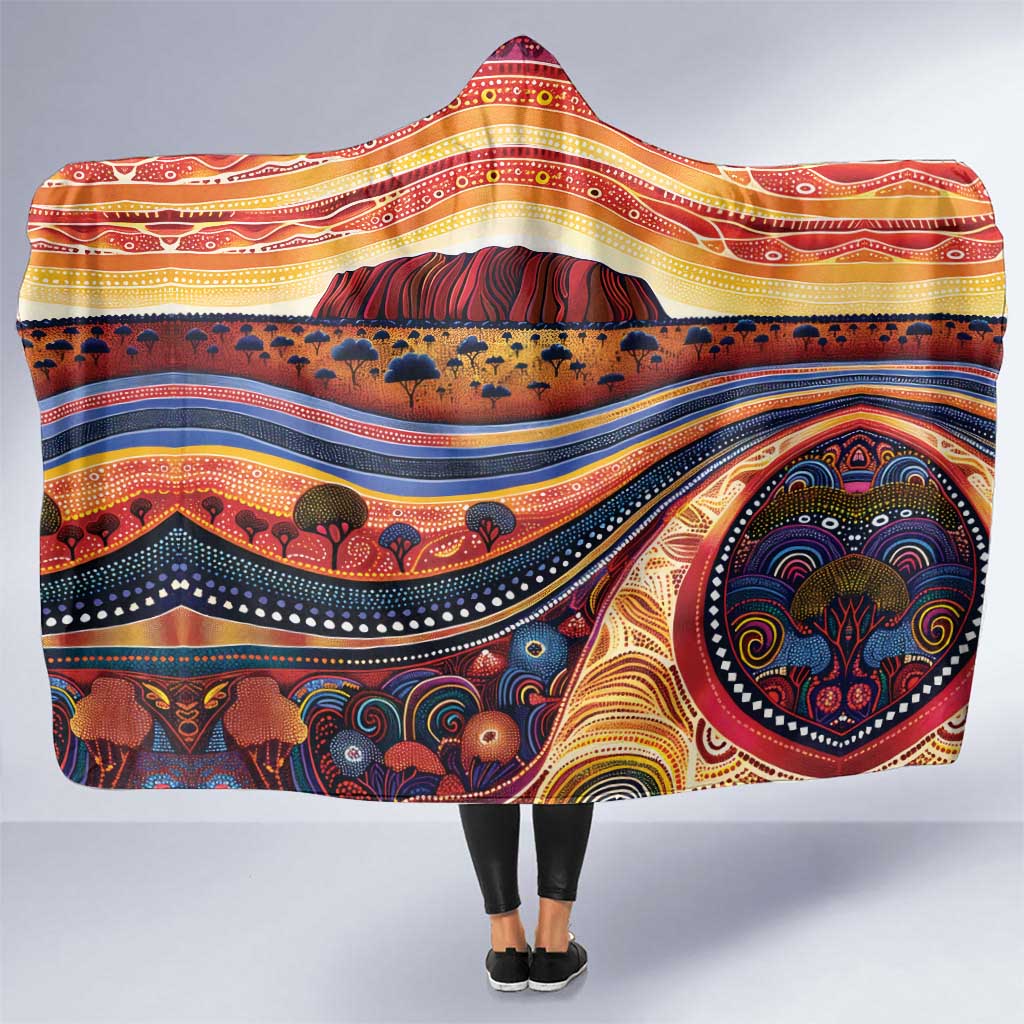 Uluru Ayers Rock Sunset Hooded Blanket Aboriginal Dot Painting