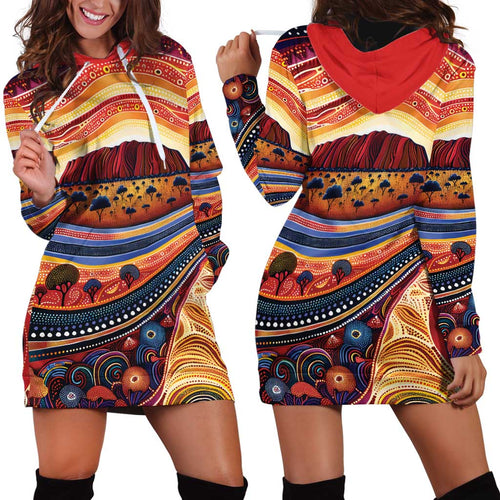 Uluru Ayers Rock Sunset Hoodie Dress Aboriginal Dot Painting