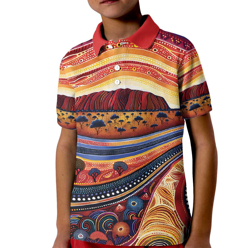 Uluru Ayers Rock Sunset Kid Polo Shirt Aboriginal Dot Painting