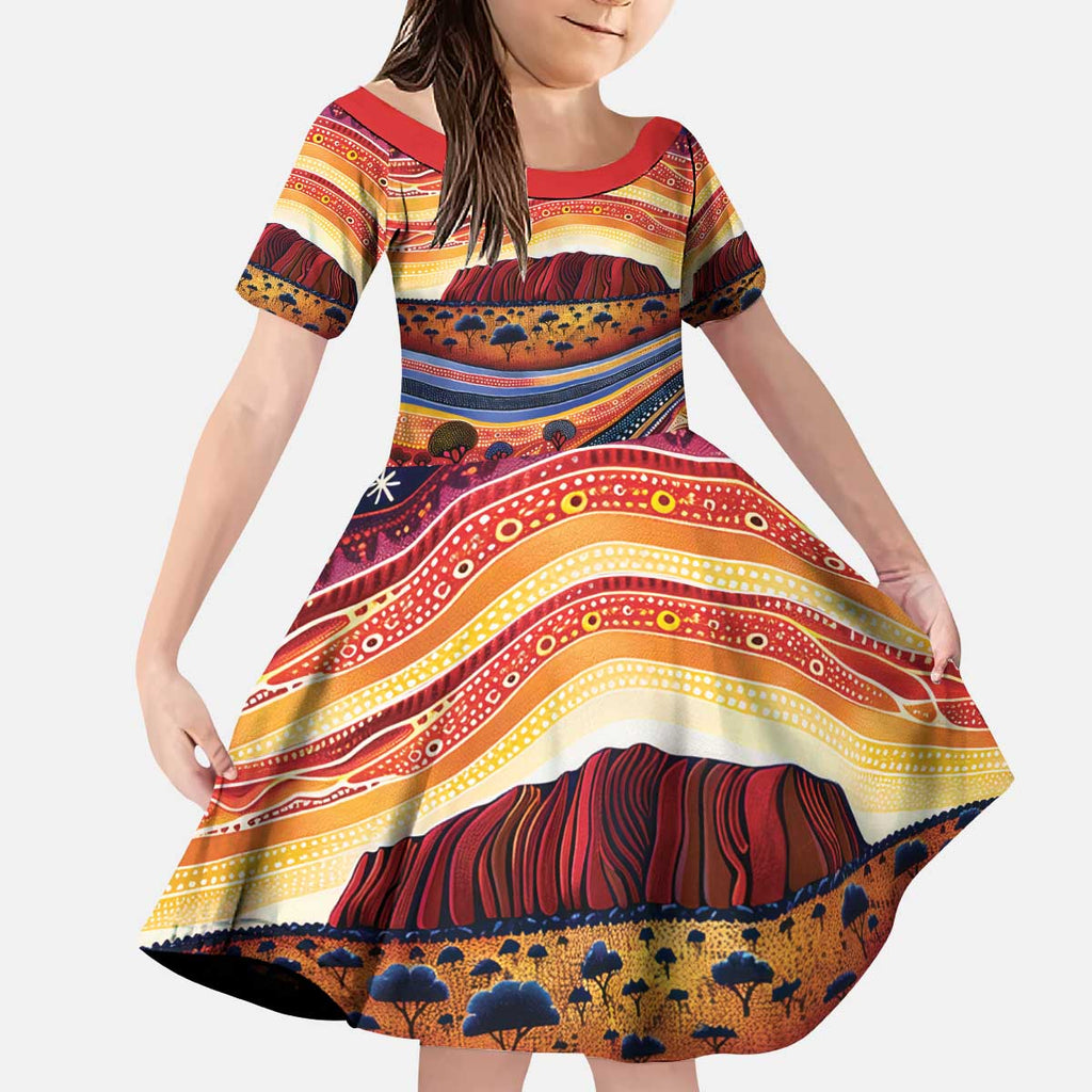Uluru Ayers Rock Sunset Kid Short Sleeve Dress Aboriginal Dot Painting