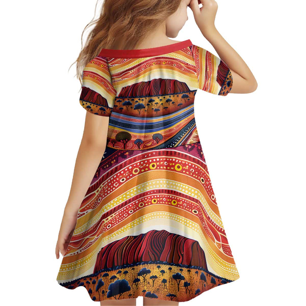 Uluru Ayers Rock Sunset Kid Short Sleeve Dress Aboriginal Dot Painting