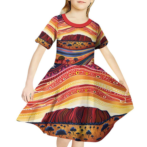 Uluru Ayers Rock Sunset Kid Short Sleeve Dress Aboriginal Dot Painting
