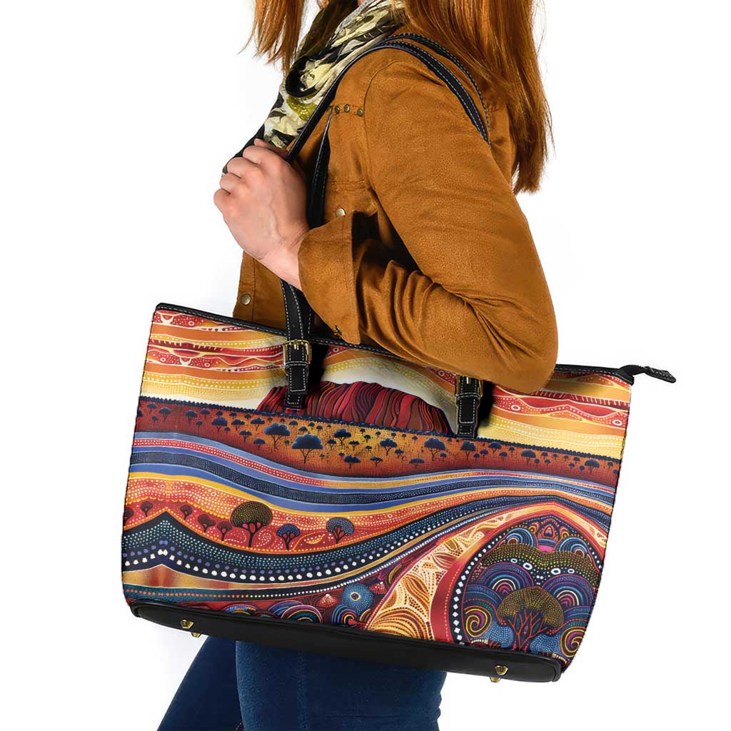 Uluru Ayers Rock Sunset Leather Tote Bag Aboriginal Dot Painting
