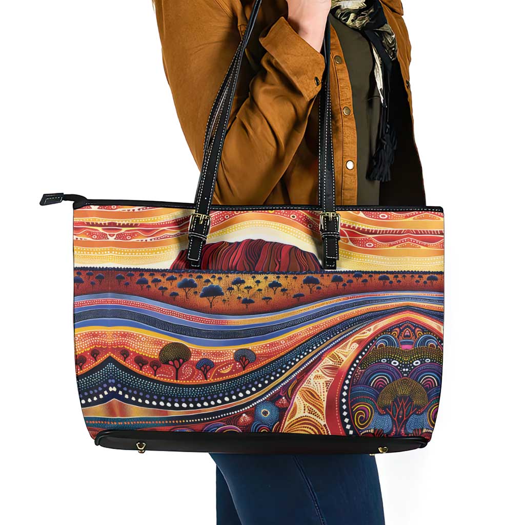 Uluru Ayers Rock Sunset Leather Tote Bag Aboriginal Dot Painting
