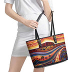 Uluru Ayers Rock Sunset Leather Tote Bag Aboriginal Dot Painting
