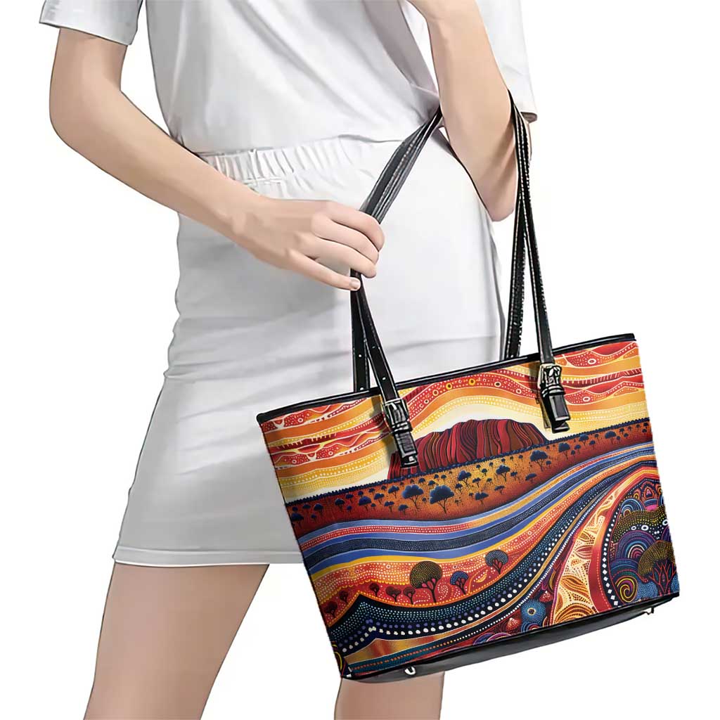 Uluru Ayers Rock Sunset Leather Tote Bag Aboriginal Dot Painting