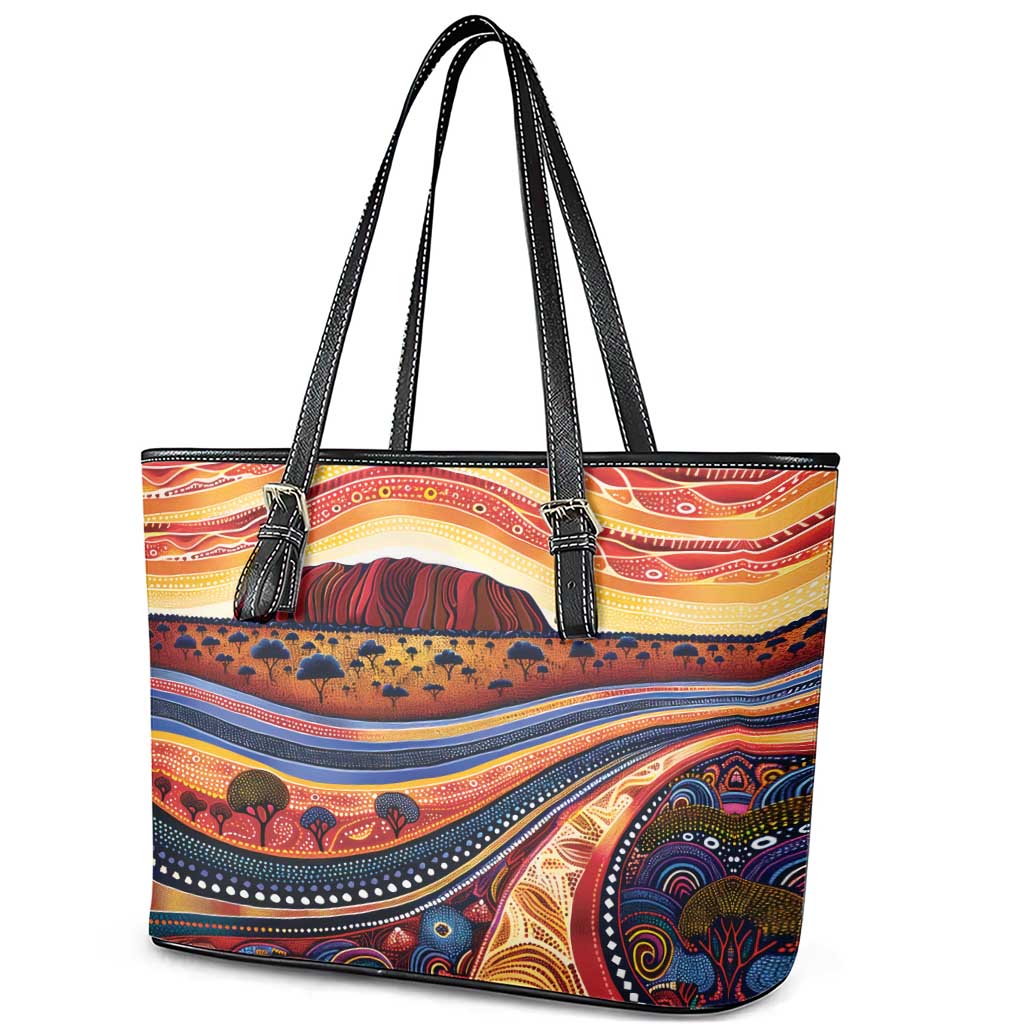 Uluru Ayers Rock Sunset Leather Tote Bag Aboriginal Dot Painting