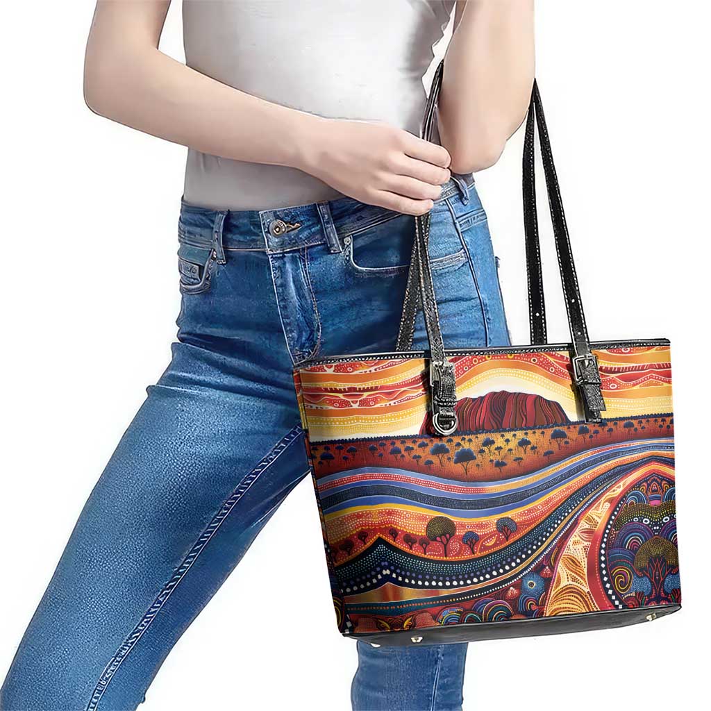 Uluru Ayers Rock Sunset Leather Tote Bag Aboriginal Dot Painting