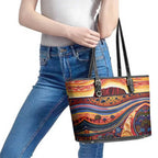 Uluru Ayers Rock Sunset Leather Tote Bag Aboriginal Dot Painting