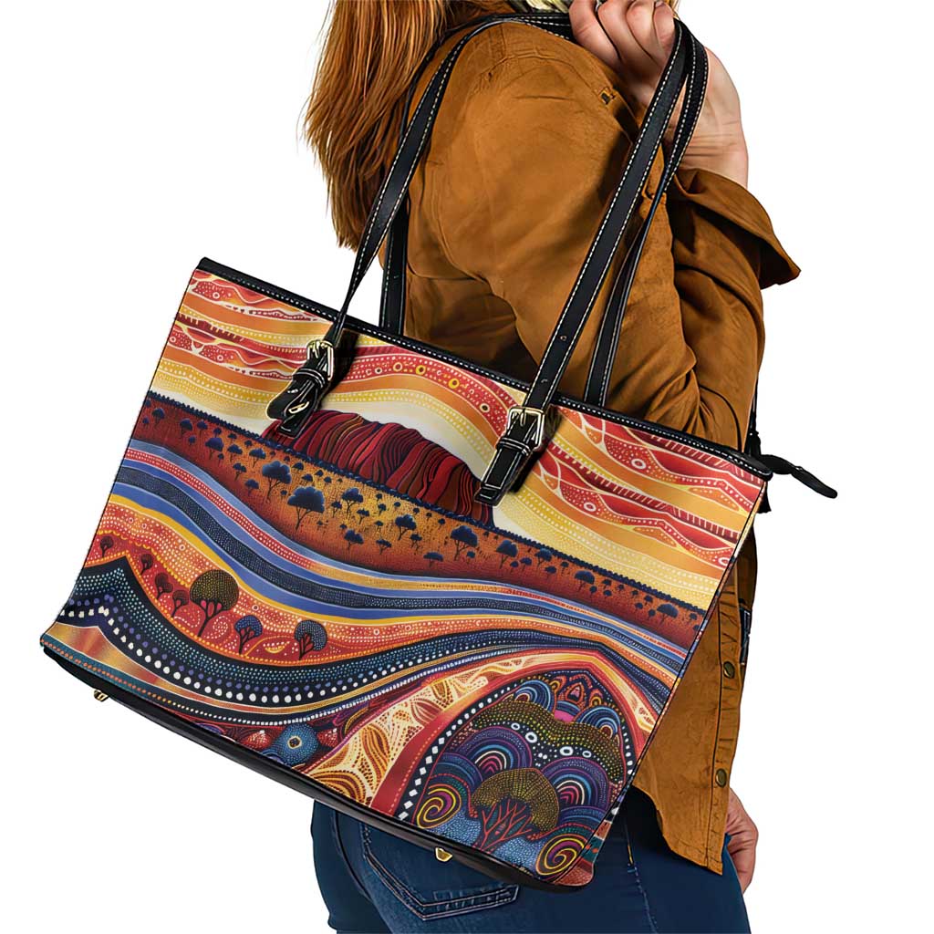 Uluru Ayers Rock Sunset Leather Tote Bag Aboriginal Dot Painting