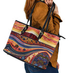 Uluru Ayers Rock Sunset Leather Tote Bag Aboriginal Dot Painting