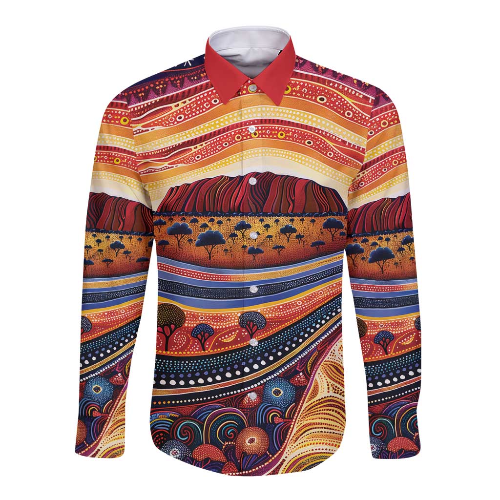 Uluru Ayers Rock Sunset Long Sleeve Button Shirt Aboriginal Dot Painting