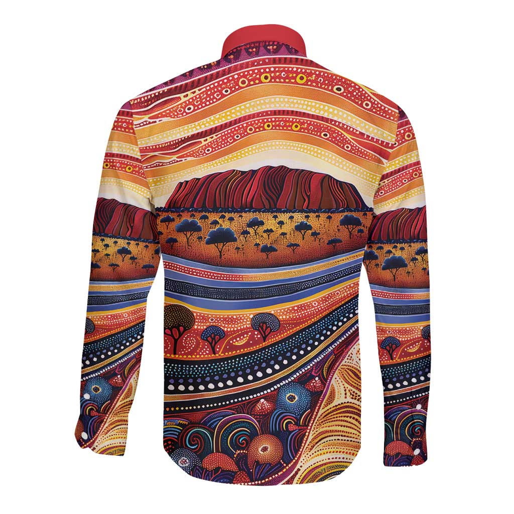 Uluru Ayers Rock Sunset Long Sleeve Button Shirt Aboriginal Dot Painting