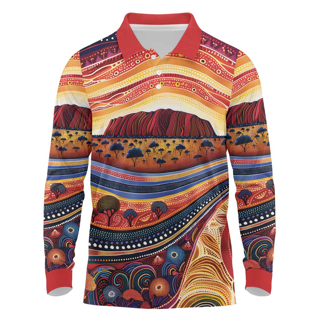 Uluru Ayers Rock Sunset Long Sleeve Polo Shirt Aboriginal Dot Painting