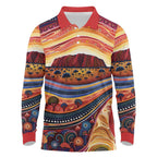 Uluru Ayers Rock Sunset Long Sleeve Polo Shirt Aboriginal Dot Painting