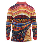 Uluru Ayers Rock Sunset Long Sleeve Polo Shirt Aboriginal Dot Painting