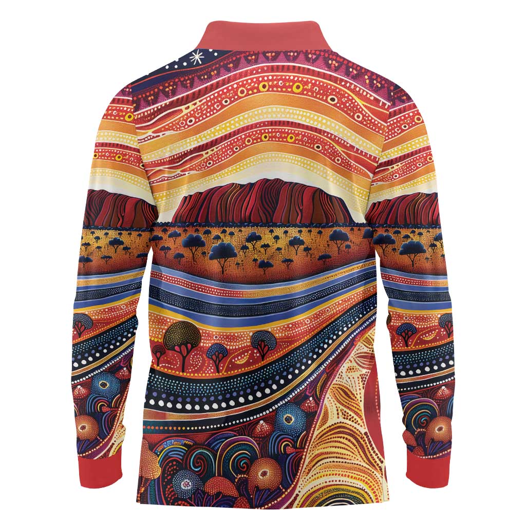 Uluru Ayers Rock Sunset Long Sleeve Polo Shirt Aboriginal Dot Painting