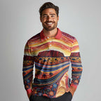 Uluru Ayers Rock Sunset Long Sleeve Polo Shirt Aboriginal Dot Painting