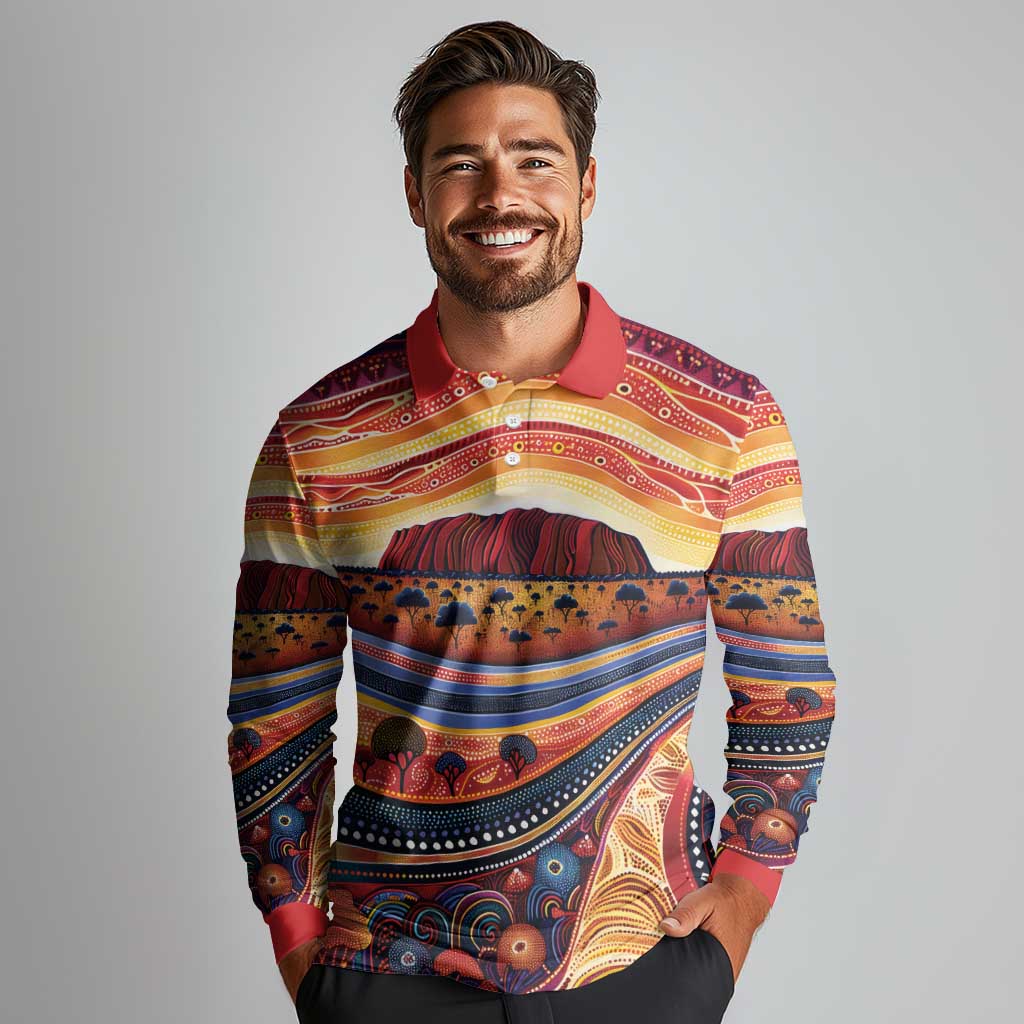 Uluru Ayers Rock Sunset Long Sleeve Polo Shirt Aboriginal Dot Painting