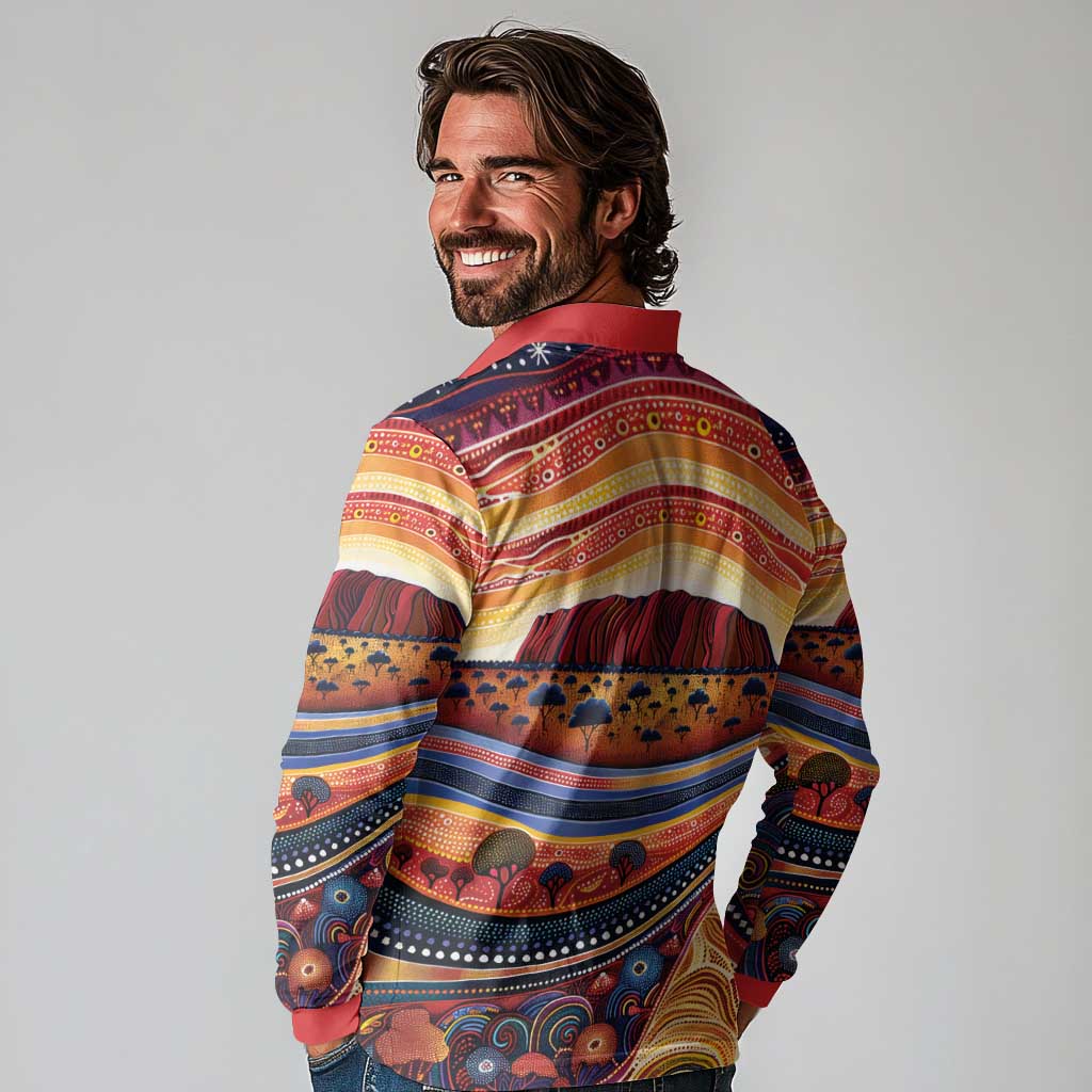 Uluru Ayers Rock Sunset Long Sleeve Polo Shirt Aboriginal Dot Painting