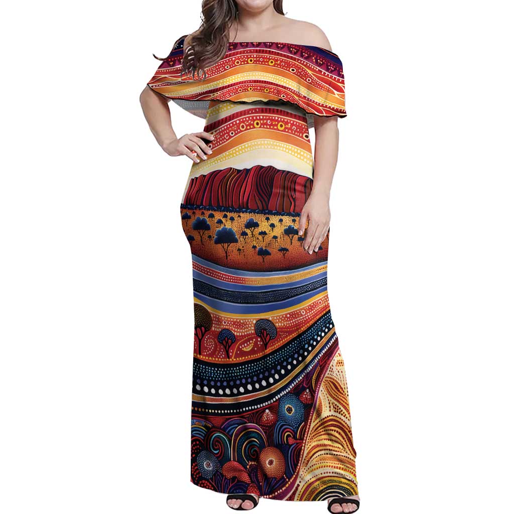 Uluru Ayers Rock Sunset Off Shoulder Maxi Dress Aboriginal Dot Painting