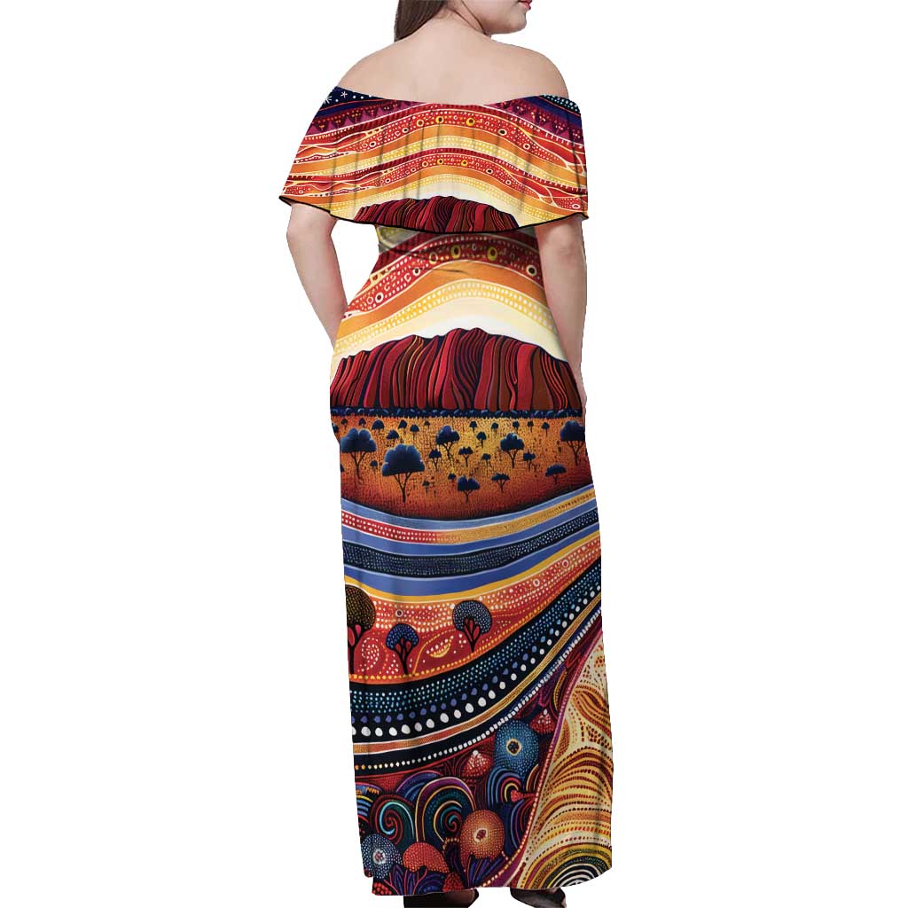 Uluru Ayers Rock Sunset Off Shoulder Maxi Dress Aboriginal Dot Painting