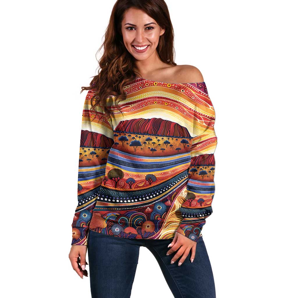 Uluru Ayers Rock Sunset Off Shoulder Sweater Aboriginal Dot Painting