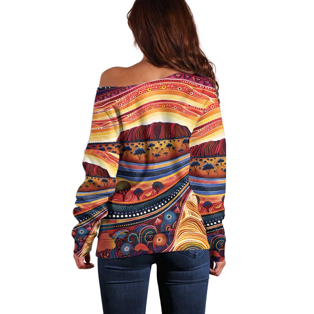 Uluru Ayers Rock Sunset Off Shoulder Sweater Aboriginal Dot Painting