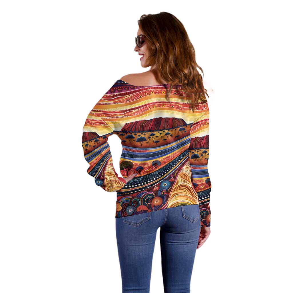 Uluru Ayers Rock Sunset Off Shoulder Sweater Aboriginal Dot Painting