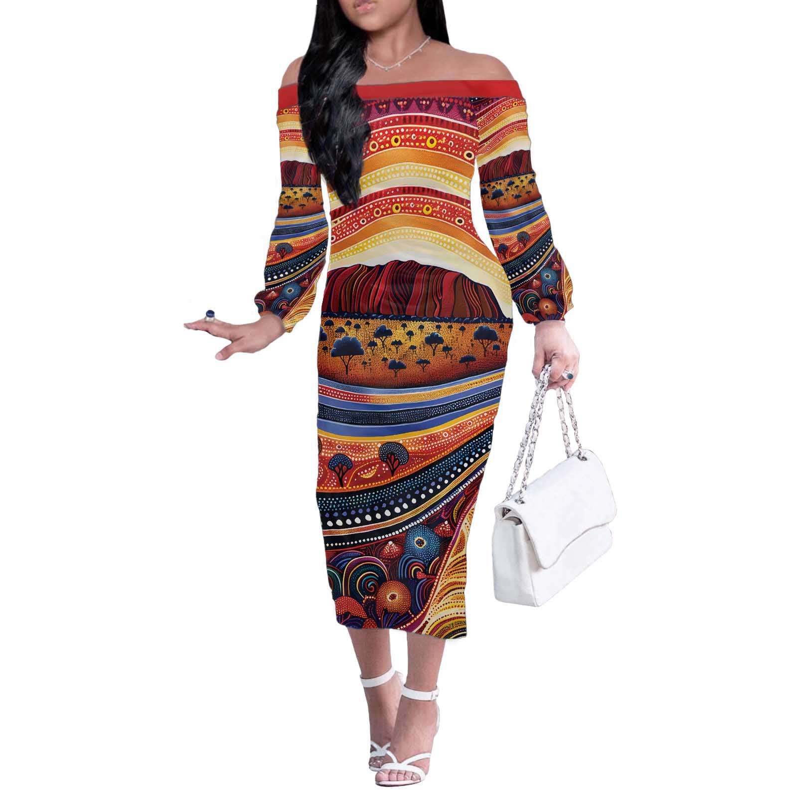 Uluru Ayers Rock Sunset Off The Shoulder Long Sleeve Dress Aboriginal Dot Painting