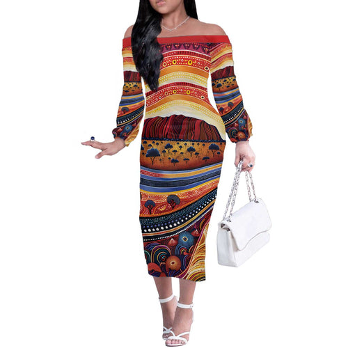 Uluru Ayers Rock Sunset Off The Shoulder Long Sleeve Dress Aboriginal Dot Painting