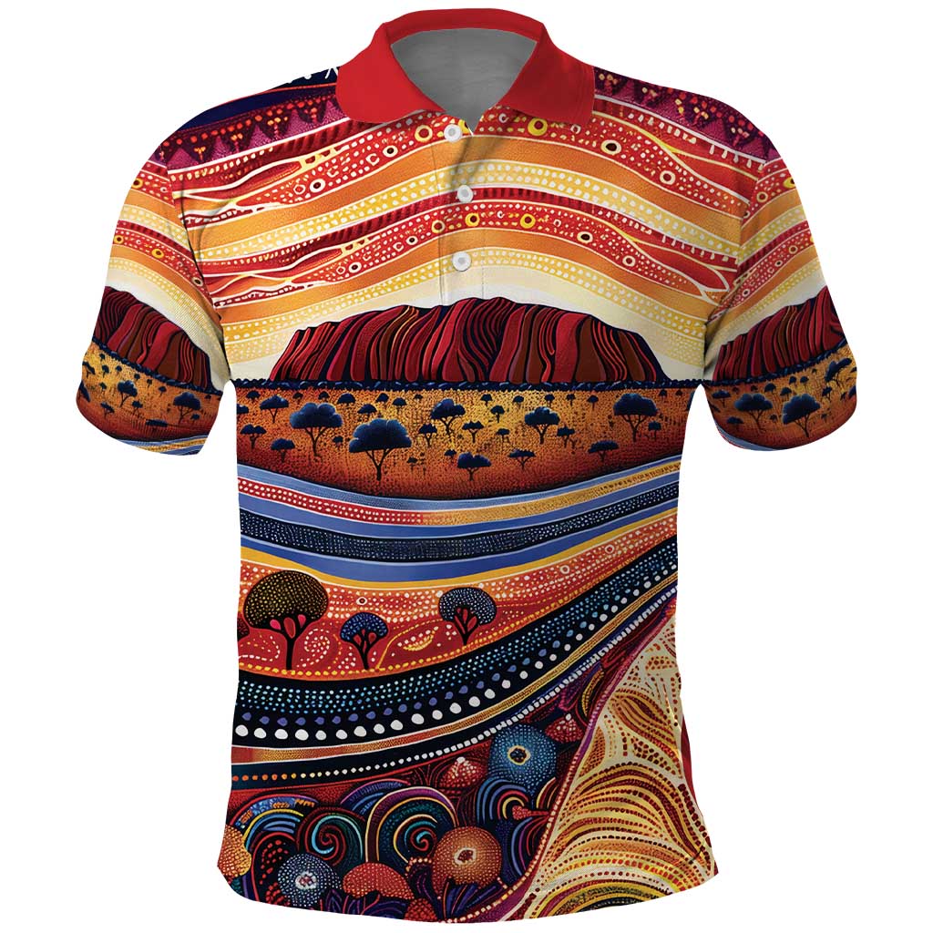 Uluru Ayers Rock Sunset Polo Shirt Aboriginal Dot Painting